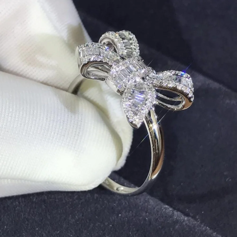*NEW 925 Sterling Silver Diamond Baguette Bow Ring